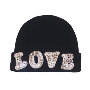 “LOVE” Embroidered Rhinestone Black Beanie